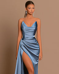 Elegant Dusty Blue Prom Dress Long V Neck Dress With Slit Pleated