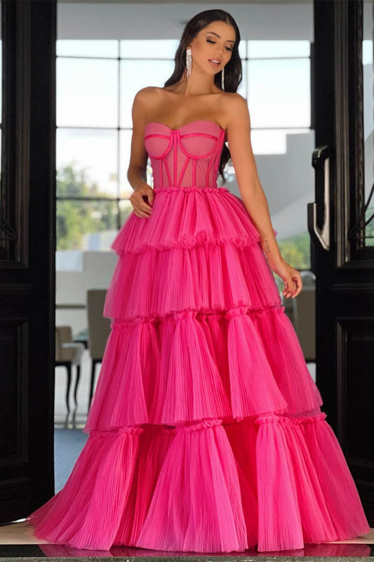 Elegant Hot Pink Sweetheart Prom Dress Long Sleeveless Layers