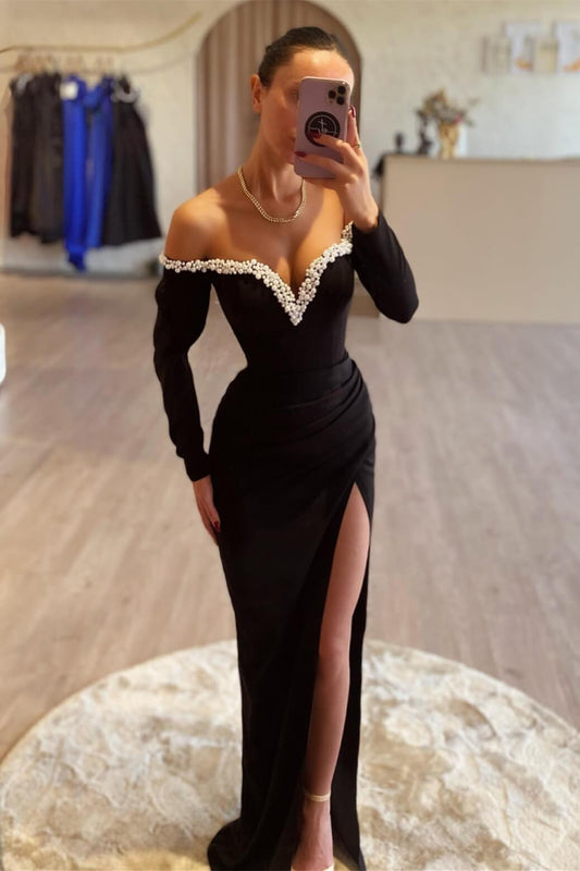 Stunning Black Long Sleeves Pearl Evening Prom Dresss Off-the-Shoulder High Split V-Neck