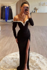 Stunning Black Long Sleeves Pearl Evening Prom Dresss Off-the-Shoulder High Split V-Neck