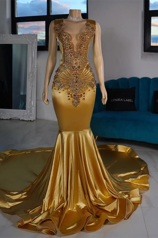 Modern Gold Scoop Sleeveless Mermaid Prom Dress With Beadings Long