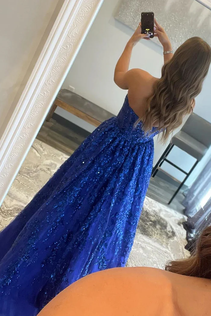 Royal Blue Straight Across A Line Long Prom Dress With Sequins