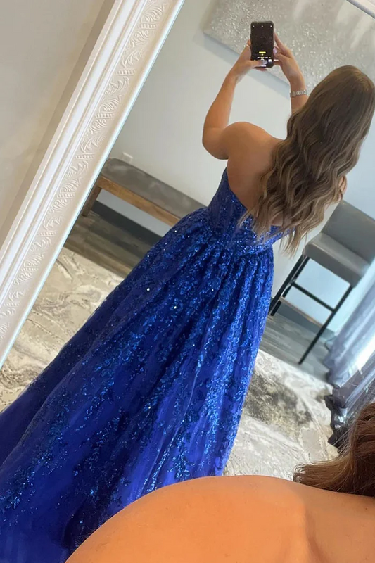 Royal Blue Straight Across A Line Long Prom Dress With Sequins