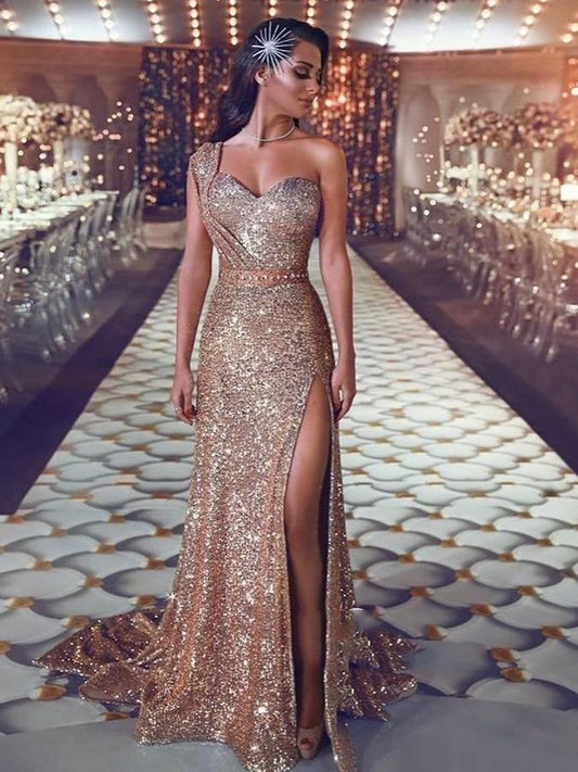 One Shoulder Sequins Mermaid Split Prom Dress Long