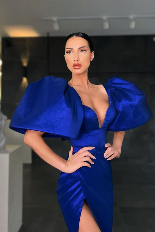 Gorgeous Royal Blue Puffy Sleeves Mermaid Prom Dress With Slit