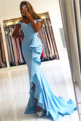 Elegant Sky Blue Off-the-Shoulder Prom Dress Mermaid Ruffles