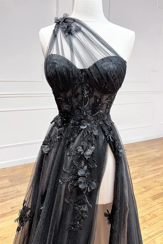 Black One Shoulder A Line Long Slit Prom Dress with Lace
