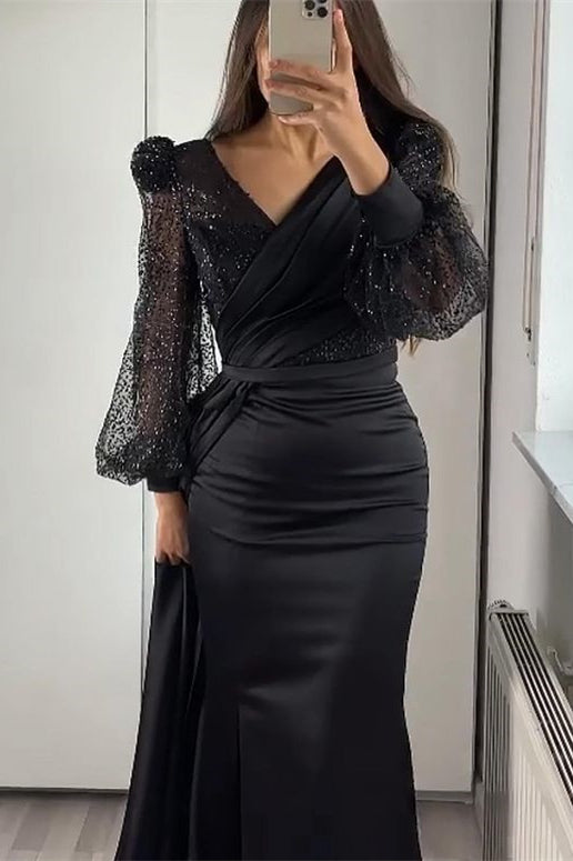 Classy Long Sleeves V-Neck  Mermaid Prom Dress Long With Ruffles Sequins
