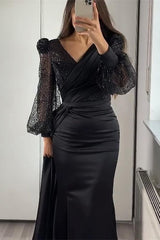 Classy Long Sleeves V-Neck  Mermaid Prom Dress Long With Ruffles Sequins