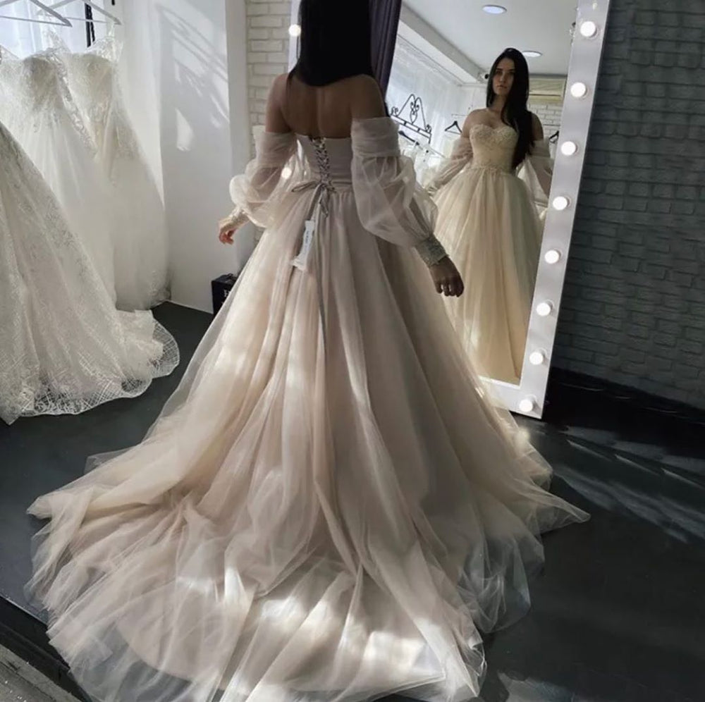 Sweetheart Romantic Lace Wedding Dress with Crystal Tulle A-Line and Long Sleeve Backless Appliques
