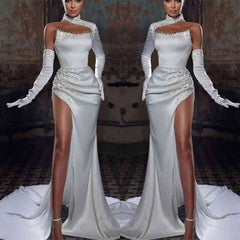 Gorgeous White High Neck Mermaid Prom Dress Split Beads With Long Sleeve Gloves