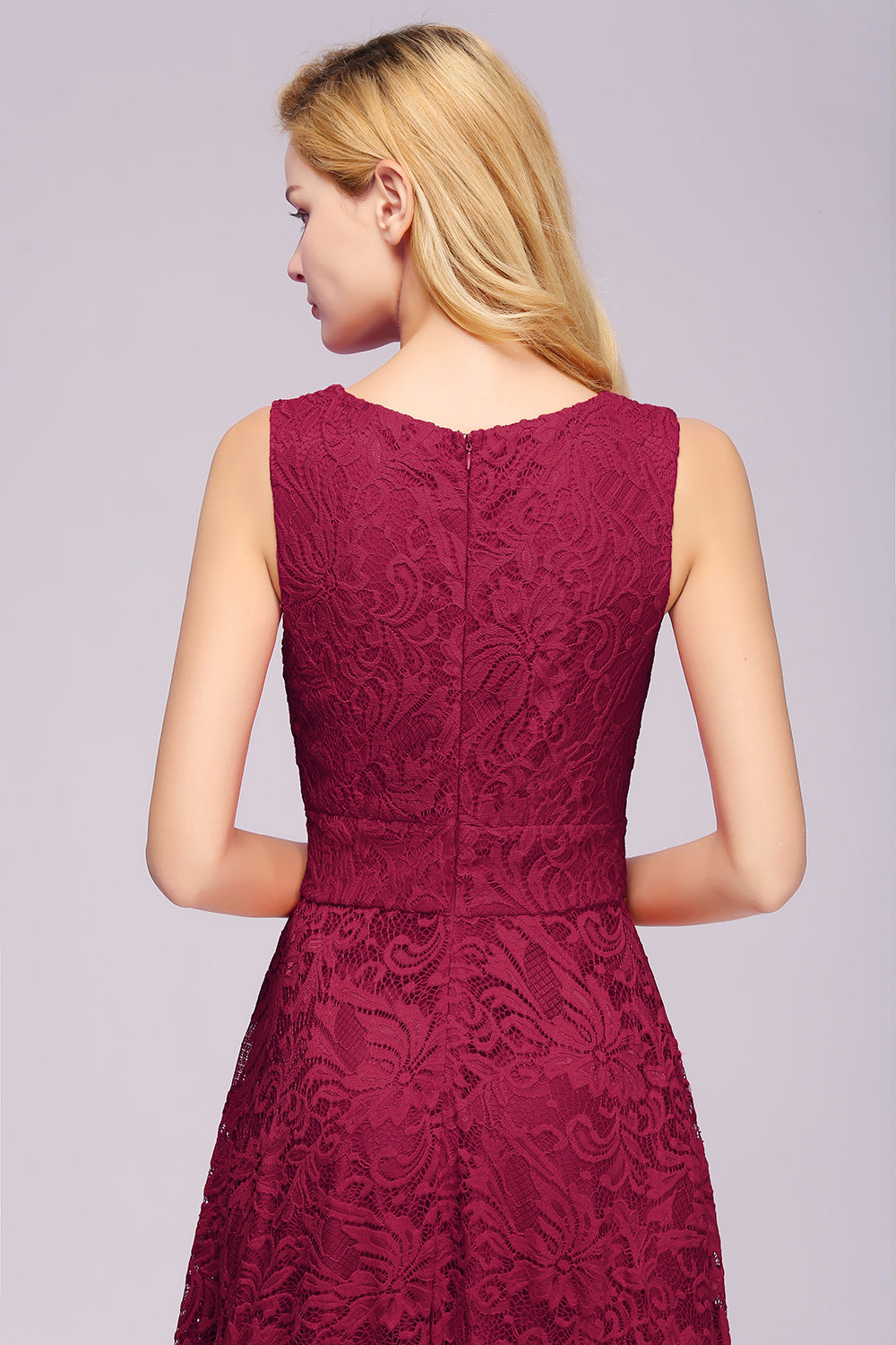 RjerStore Burgundy A-line Hi-lo V-neck Lace Dresses