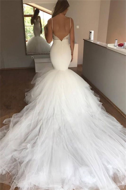Mermaid Wedding Dress with Long Spaghetti Straps and Appliques