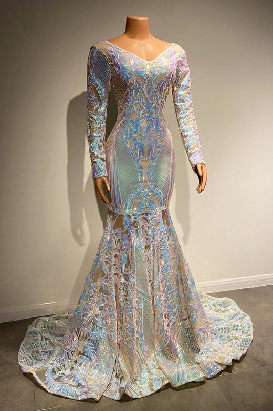 Chic V-Neck Long Sleeves Prom Dresses Mermaid With Shiny Sequins