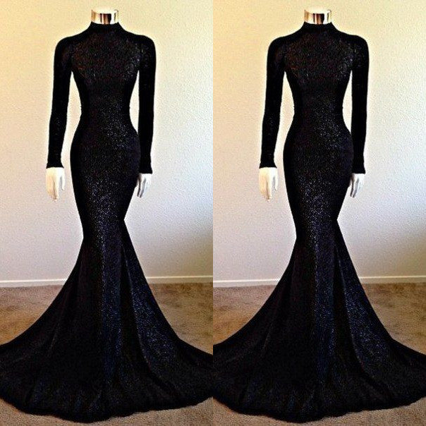 Elegant Black Sequins Long Sleeves Prom Dress Mermaid Long