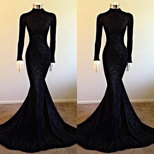 Elegant Black Sequins Long Sleeves Prom Dress Mermaid Long
