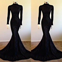 Elegant Black Sequins Long Sleeves Prom Dress Mermaid Long