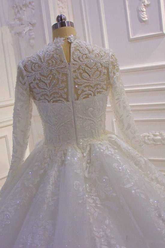 Elegant High-neck Ball Gown with Long Sleeves, Ruffles, and Lace Appliques