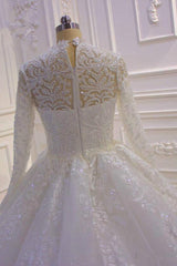 Elegant High-neck Ball Gown with Long Sleeves, Ruffles, and Lace Appliques