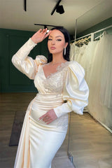 Glamorous Cream Long Sleeves Prom Dresses Mermaid Ruffles With Beads