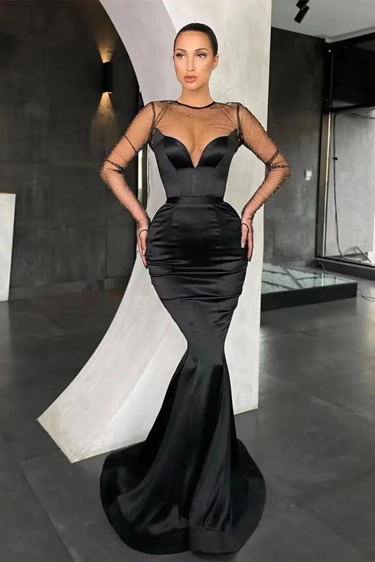 Black V-Neck Mermaid Long Sleeves Prom Dress with Beads Online