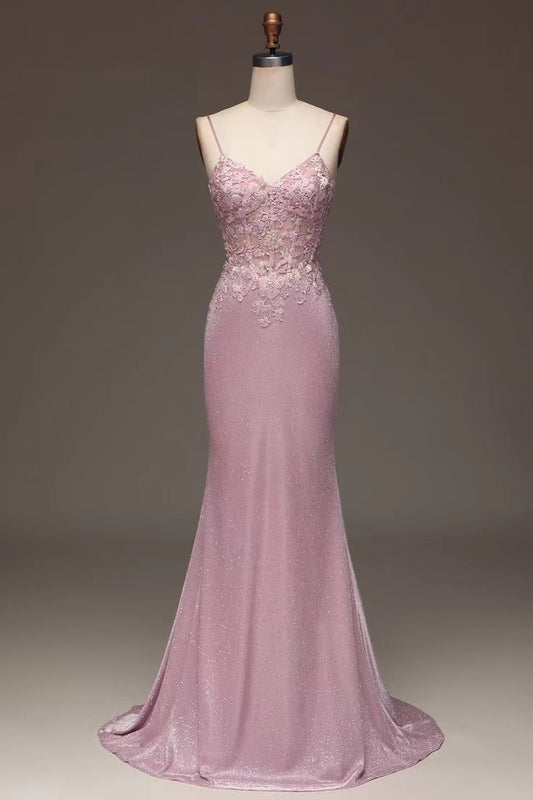 Applique Pink Spaghetti Strap Prom Dress Sleeveless Dress