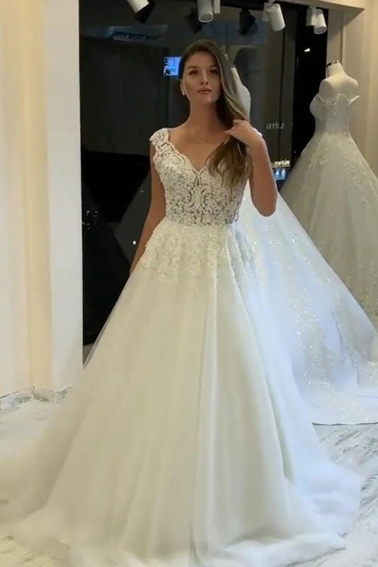 Pearl-Embellished V-Neck A-Line Wedding Gown with Wide Straps and Lace Appliques