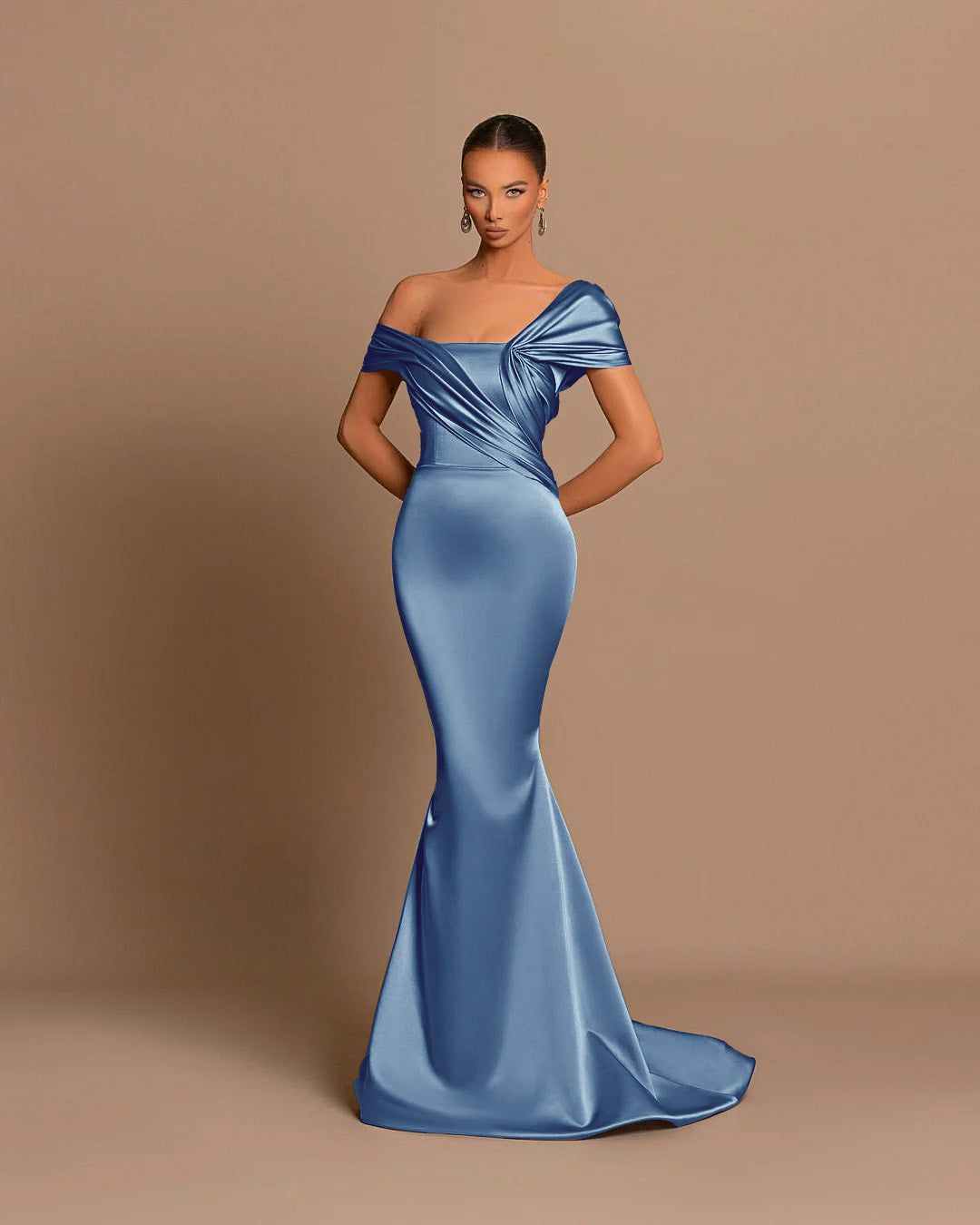 Grey Evening Dress Off-the-Shoulder Bateau Pleated Gown