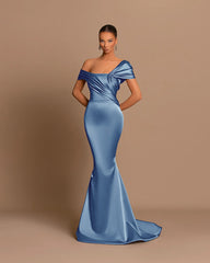 Grey Evening Dress Off-the-Shoulder Bateau Pleated Gown