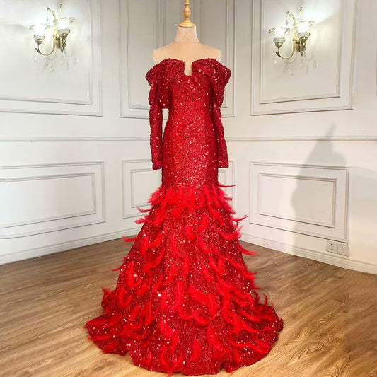 Fashion Red Sequin Prom Dress Long Sleeves A Line With Feather