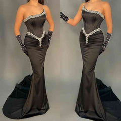 Charming Strapless Black Mermaid prom Dress Long With Beads