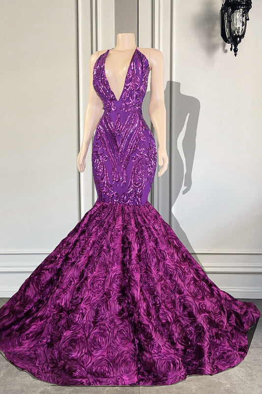 Chic V-Neck Sleeveless Mermaid Prom Dress Sequins With Flowers Bottom