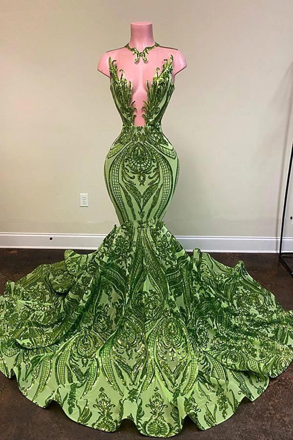 Elegant Sage Green Sleeveless Prom Dress mermaid Sequins Long