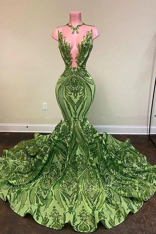 Elegant Sage Green Sleeveless Prom Dress mermaid Sequins Long
