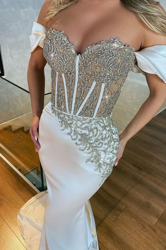 Gorgeous White Off-the-Shoulder Mermaid Prom Dress Long With Beads
