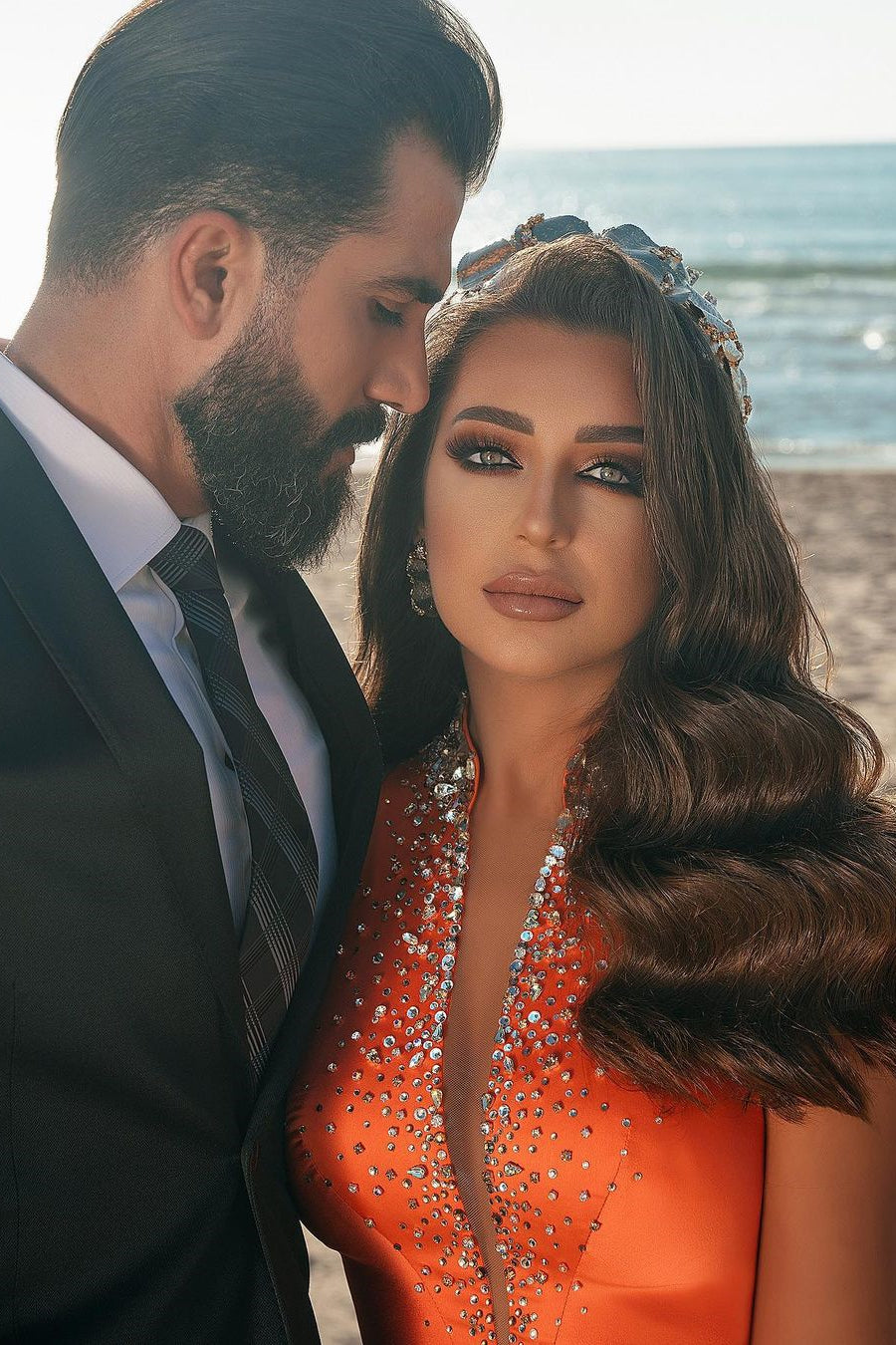 Glamorous Orange Beadings Prom Dress Split With Ruffles