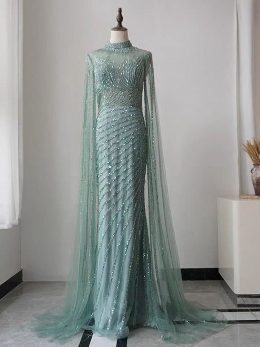 Luxury Green Sequins Prom Dress Beaded Long Sleeves