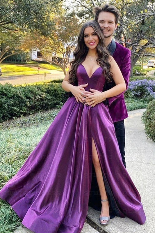 Amazing Spaghetti-Straps Purple Prom Dress V-Neck Sleeveless
