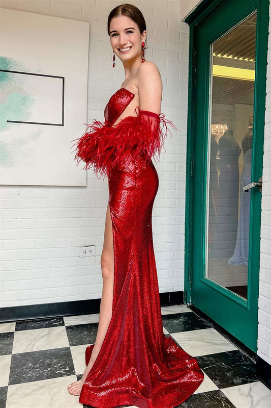 Gorgeous Red Strapless Sleeveless Mermaid Prom Dress Sequins With High Split