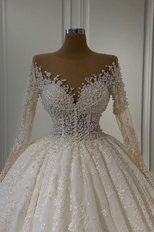 Elegant Long-Sleeve Wedding Gown with Classic Lace Beads