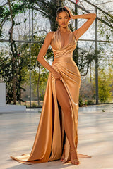 Modern Halter V-Neck Prom Dresses Mermaid Pleats Long Slit With Ruffle