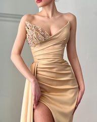 Gorgeous Champagne Sweetheart Mermaid Long Prom Dress Split With Beads