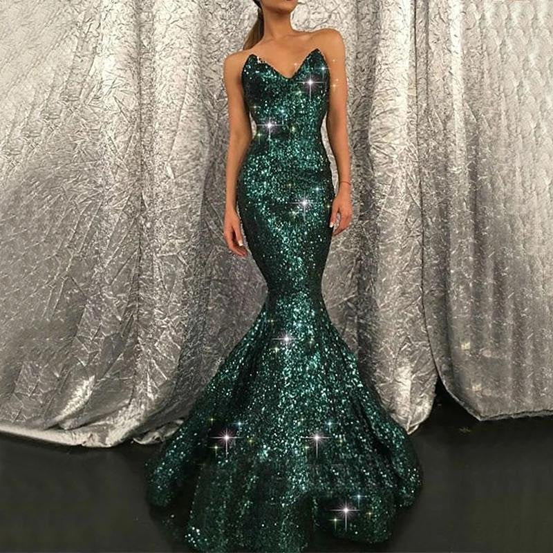 Dark Green Sweetheart Mermaid Sequins Prom Dress Long