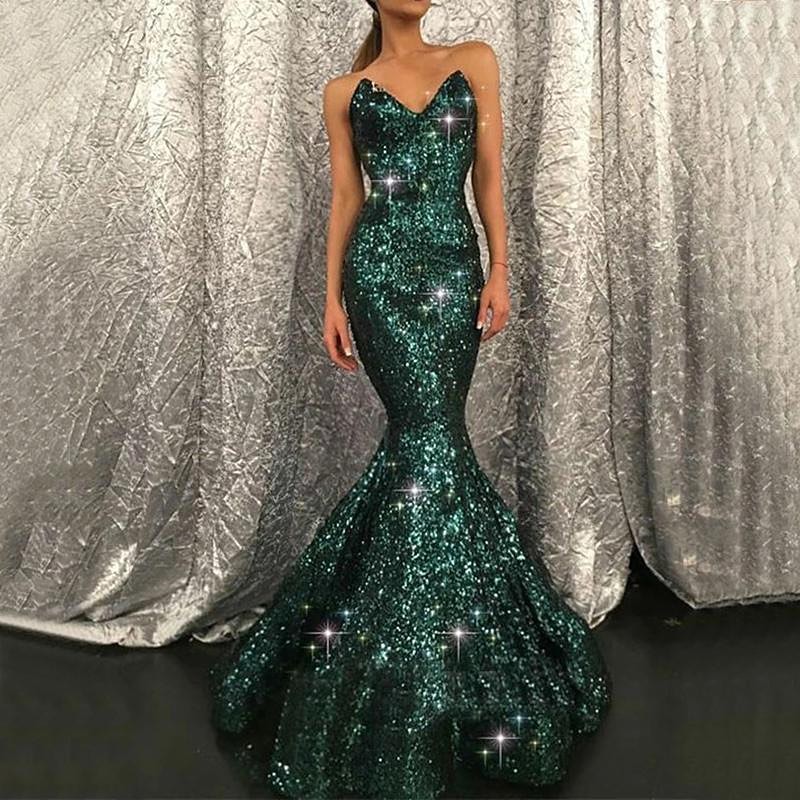 Dark Green Sweetheart Mermaid Sequins Prom Dress