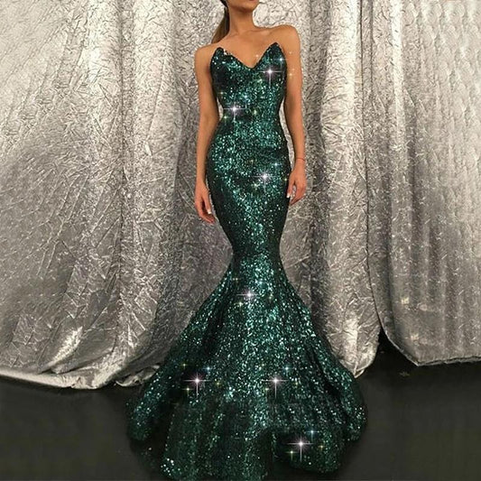 Dark Green Sweetheart Mermaid Sequins Prom Dress