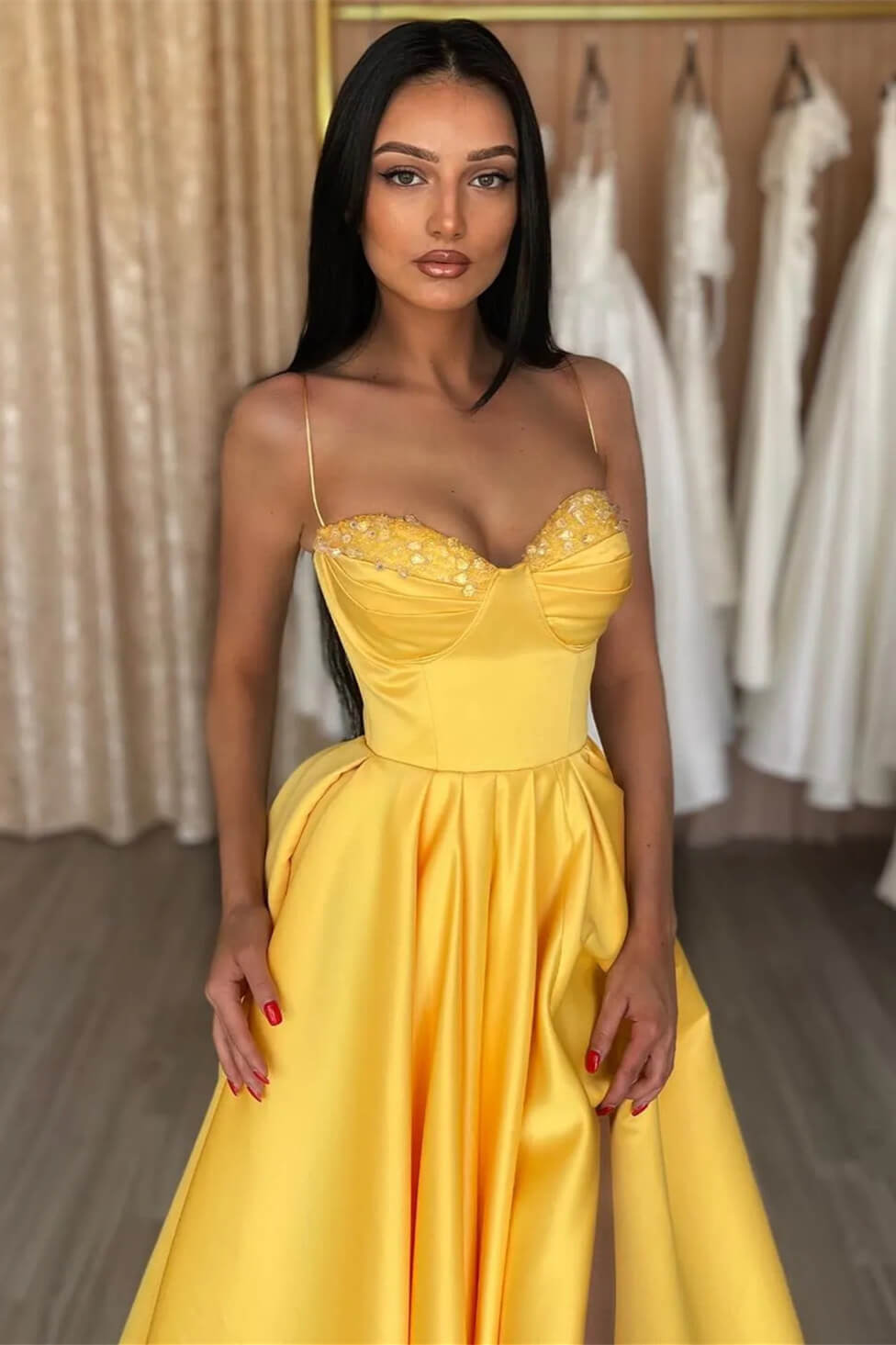 Gorgeous Yellow Prom Dress Slit Long With Sequins Spaghetti-Straps