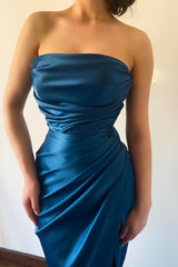 New Arrival Royal Blue Strapless Sleeveless Mermaid Prom Dress With Split