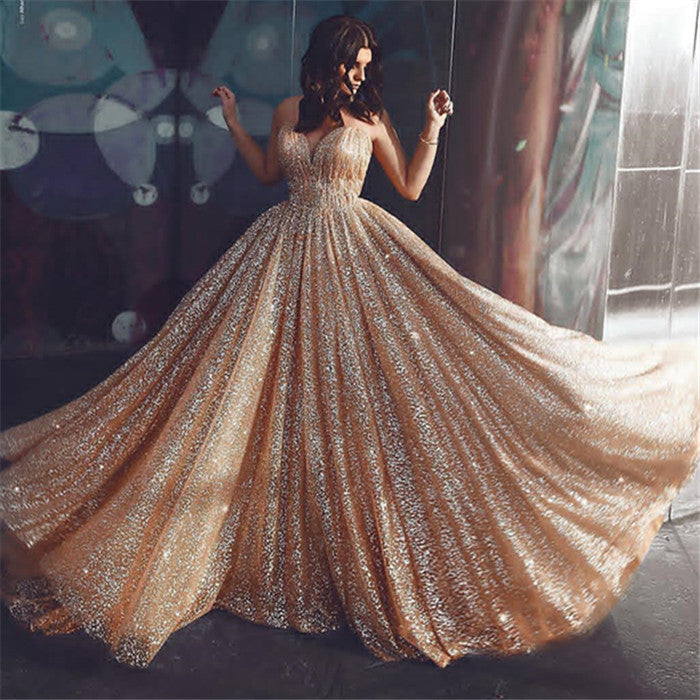 Charming Gold Shinning Sequined Spaghetti-Straps Prom Dress Long Backless