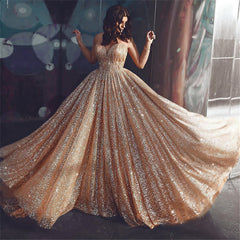 Charming Gold Shinning Sequined Spaghetti-Straps Prom Dress Long Backless