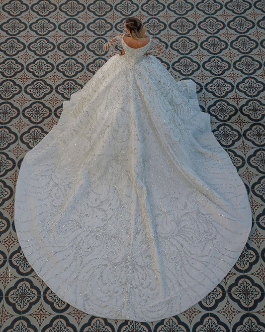 Elegant Off-The-Shoulder Satin Wedding Gown with Crystal Sequins and Backless Design